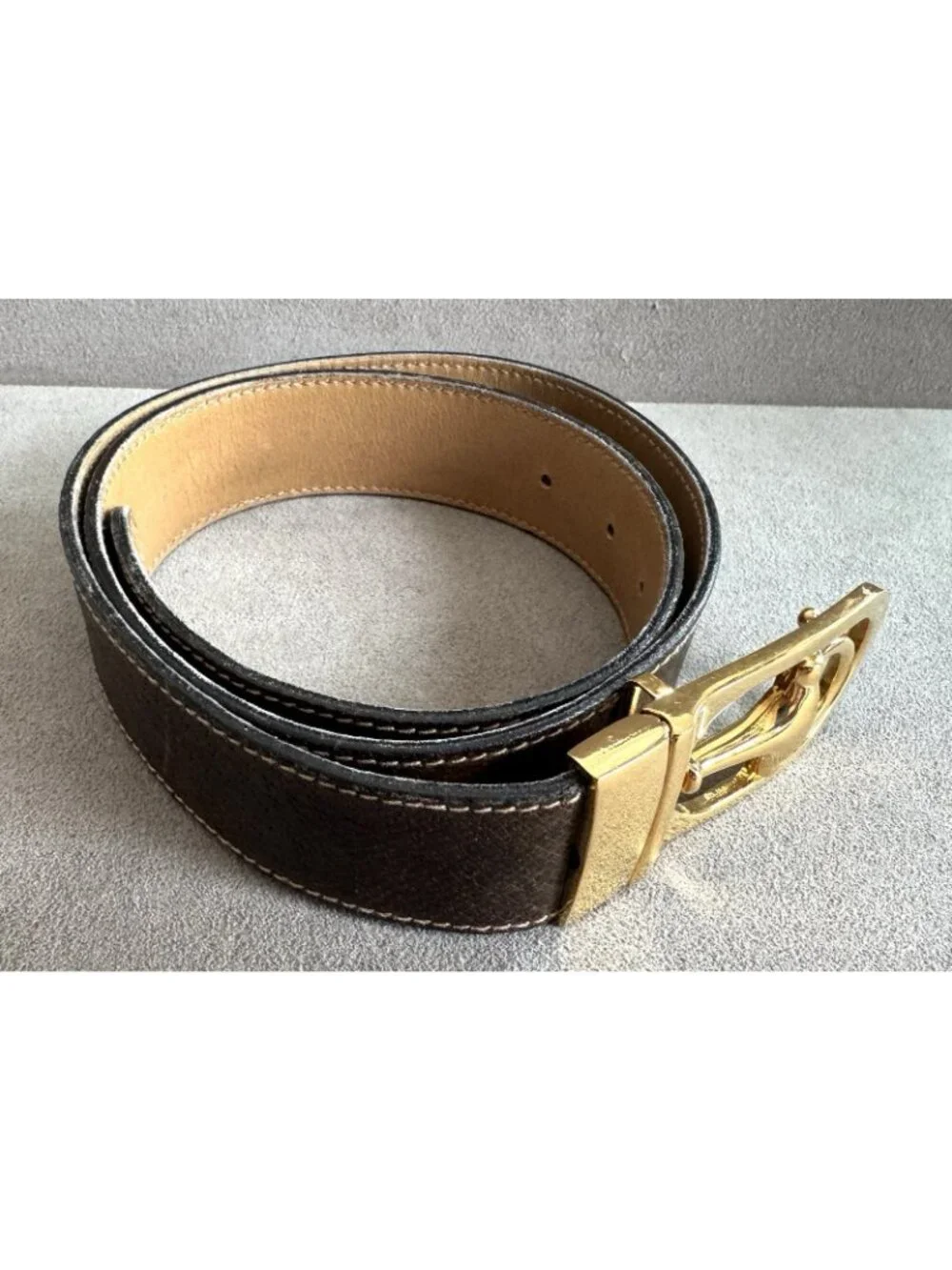 Vtg Signed GUCCI HORSEBIT BUCKLE Brown/Tan LEATHER BELT Reversible 33.5